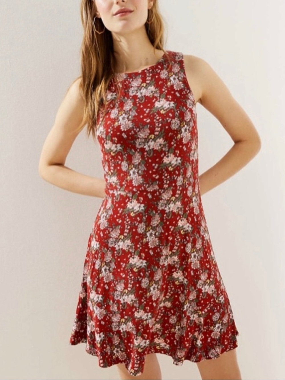 LOFT Red Floral Sleeveless Flounce Mini Dress